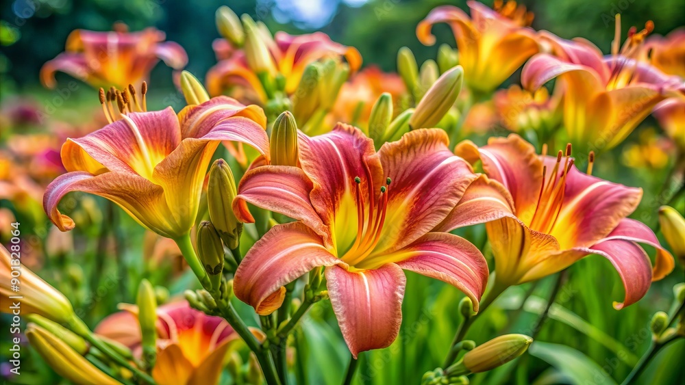 Vibrant daylily blooms unfurl in a lush summer garden, showcasing delicate trumpet-shaped petals in shades of yellow, orange, and pink amidst verdant foliage. Vibrant daylily blooms unfurl in a lush summer garden, showcasing delicate trumpet-shaped petals in shades of yellow, orange, and pink amidst verdant foliage.