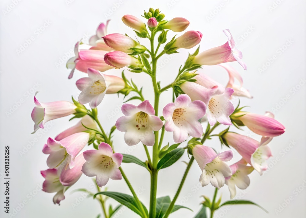 Delicate trumpet-shaped Penstemon flower with soft pink petals and white interior stands upright against a crisp white background, showcasing its elegant simplicity. Delicate trumpet-shaped Penstemon flower with soft pink petals and white interior stands upright against a crisp white background, showcasing its elegant simplicity.
