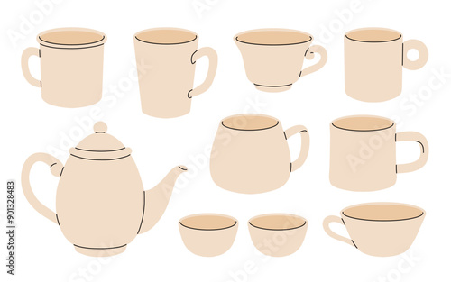 Flat cartoon tea crockery. White porcelain tableware. Ceramic utensil for tea, coffee cooking. Various mugs, cups, and pot. Vector drinking teatime set