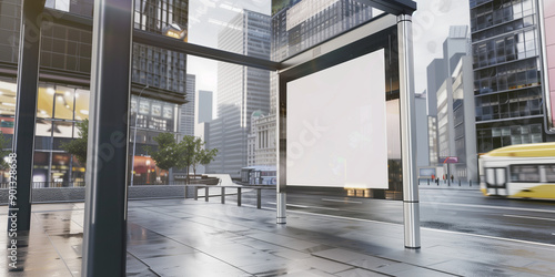Wallpaper Mural high-quality image featuring an empty poster mockup displayed at a bus stop in a bustling modern city. Torontodigital.ca