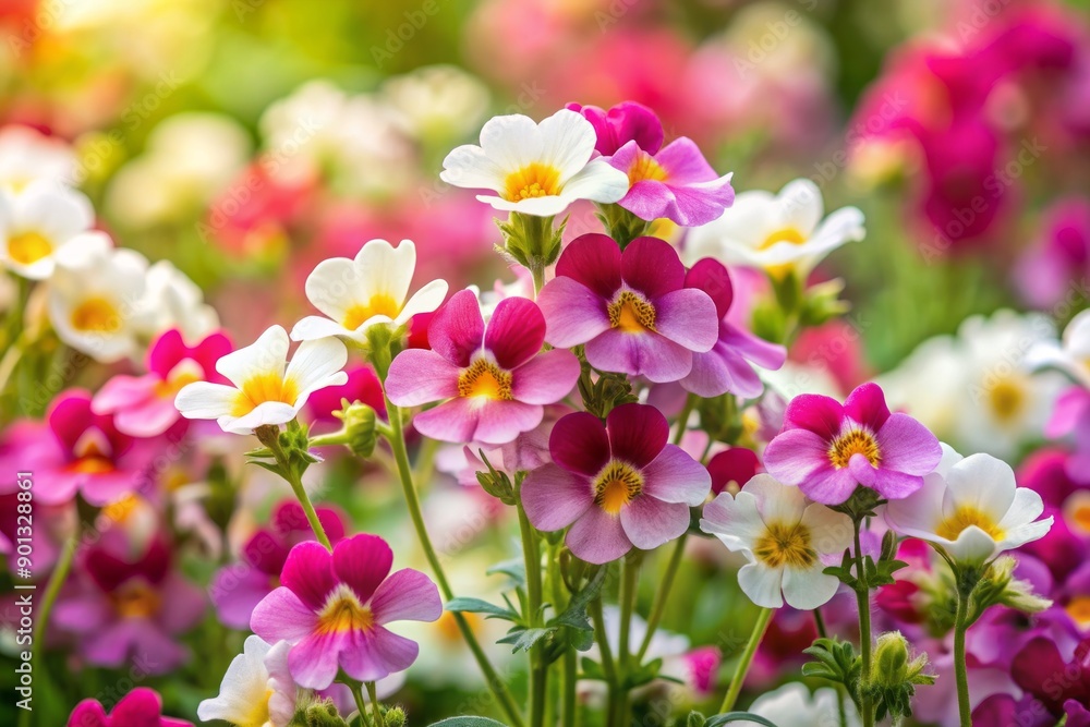 Vibrant Nemesia flowers bloom in shades of pink, white, and yellow, set against a soft, natural background with ample copy space for text or design. Vibrant Nemesia flowers bloom in shades of pink, white, and yellow, set against a soft, natural background with ample copy space for text or design.