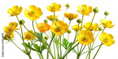 Vibrant yellow buttercup flowers with delicate green stems and leaves are beautifully arranged on a pure white background, showcasing their bright sunny faces.