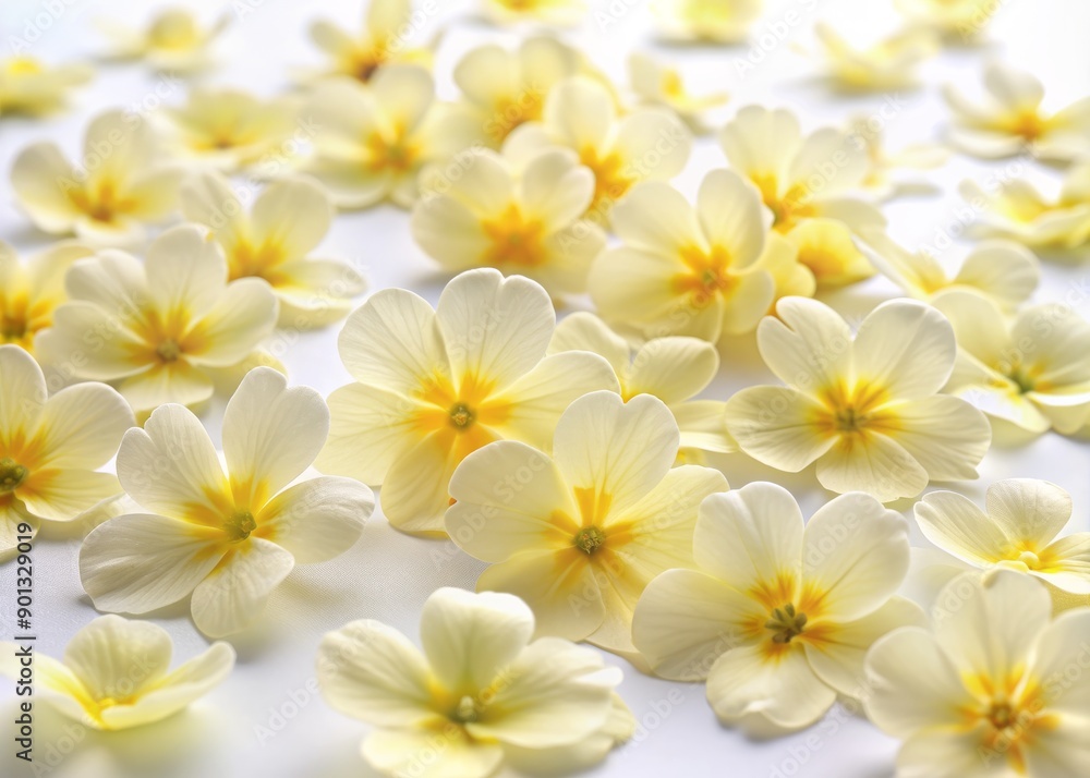 Delicate, pale yellow primrose petals scattered randomly on a pure white background, creating a soft, serene, and peaceful atmosphere with subtle texture and gentle folds. Delicate, pale yellow primrose petals scattered randomly on a pure white background, creating a soft, serene, and peaceful atmosphere with subtle texture and gentle folds.
