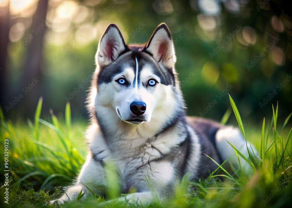 Serenely lying on lush green grass, a majestic blue-eyed Husky with a monochrome coat, showcasing its striking features in a peaceful outdoor setting. Serenely lying on lush green grass, a majestic blue-eyed Husky with a monochrome coat, showcasing its striking features in a peaceful outdoor setting.