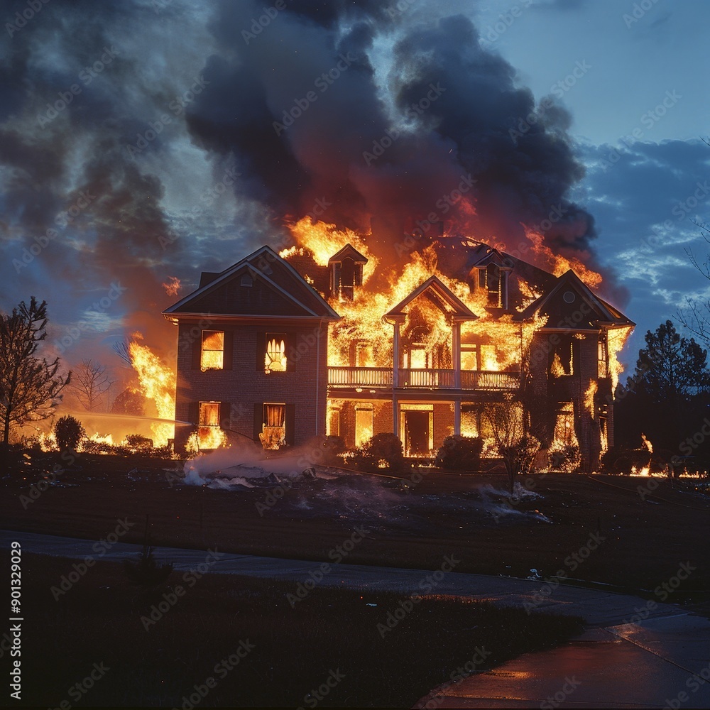 House Burning Fiercely Under Twilight Sky House Burning Fiercely Under Twilight Sky