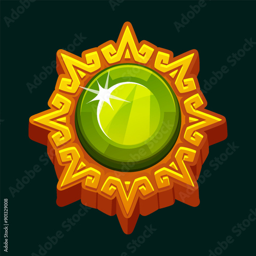 Aztec solar disk with a green round gemstone for your games or slots. Maya golden frame. Sun symbol, and diadem, representing the Aztec sun
