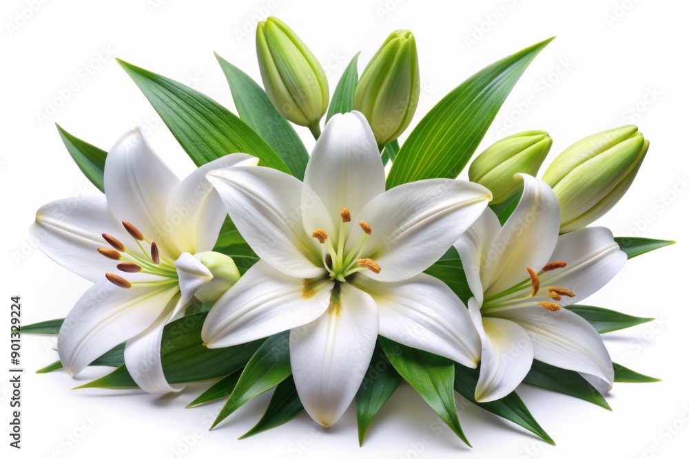 Delicate white lily flowers and buds surrounded by vibrant green leaves on a pure white background, showcasing elegant beauty and serenity in an isolated close-up composition. Delicate white lily flowers and buds surrounded by vibrant green leaves on a pure white background, showcasing elegant beauty and serenity in an isolated close-up composition.