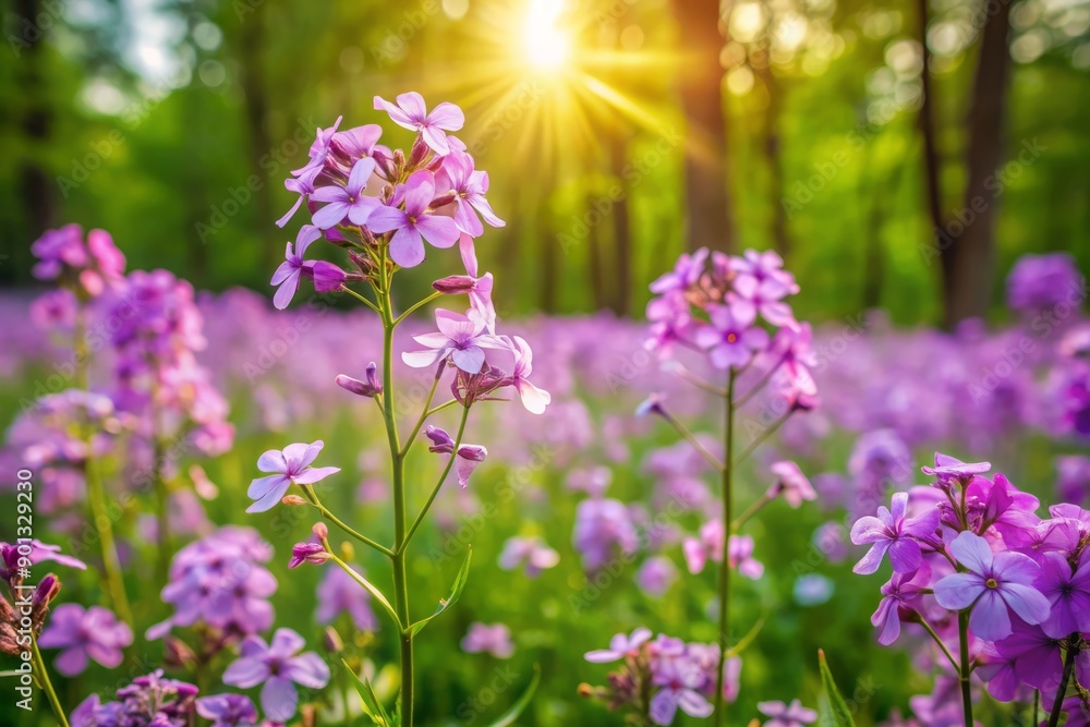 Obraz premium Purple flowers of Hesperis matronalis, also known as dame's rocket, bloom in a lush meadow, surrounded by green foliage and sunny serene natural landscape.