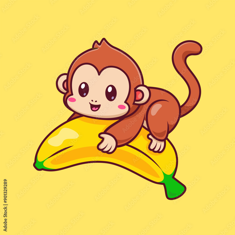 Obraz premium Cute Monkey Flying With Banana Cartoon Vector Icon Illustration. Animal Education Icon Concept Isolated Premium Vector. Flat Cartoon Style 