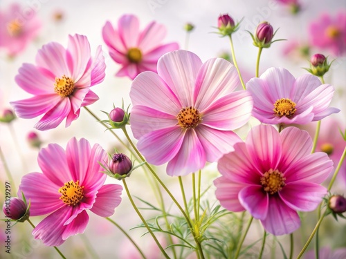 Delicate pink cosmos flowers bloom vibrantly against a crisp white background, exuding freshness and elegance, perfect for symbolizing spring's gentle awakening and floral beauty.