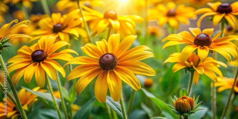 Vibrant yellow rudbeckia flowers bloom amidst lush green leaves, creating a beautiful, soft focus background with warm natural light and gentle texture. Vibrant yellow rudbeckia flowers bloom amidst lush green leaves, creating a beautiful, soft focus background with warm natural light and gentle texture.