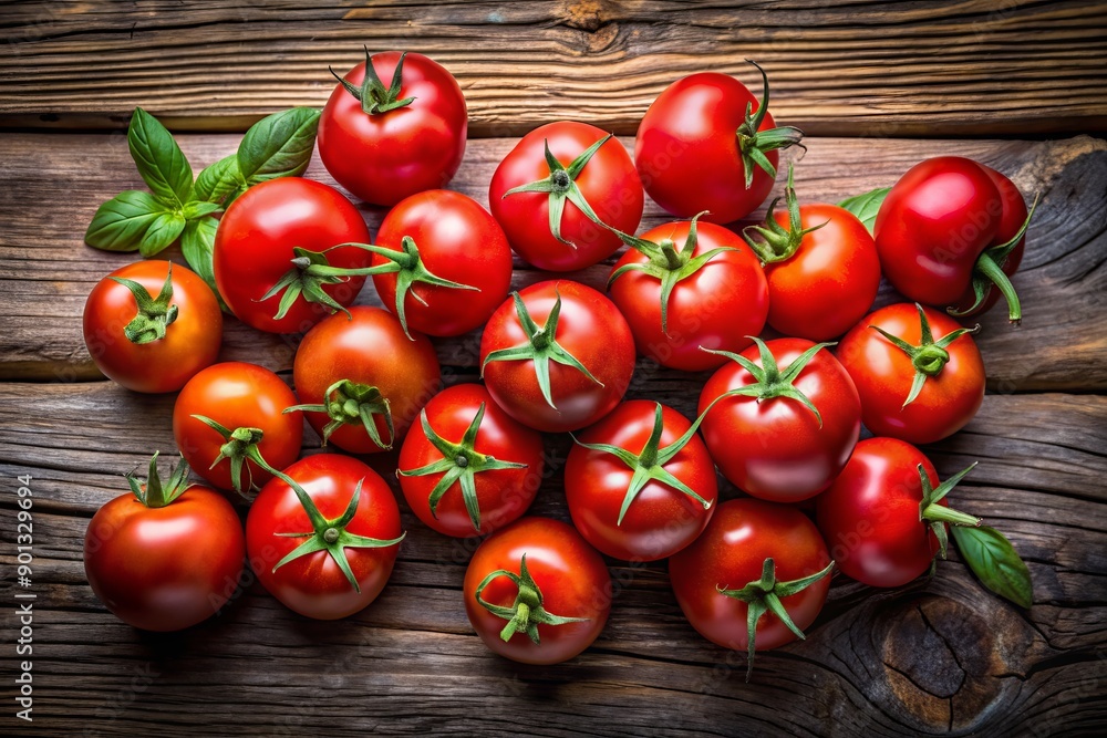 Vibrant red tomatoes freshly arranged on a rustic wooden table, creating a stunning background that promotes healthy vegetarian eating and natural living. Vibrant red tomatoes freshly arranged on a rustic wooden table, creating a stunning background that promotes healthy vegetarian eating and natural living.
