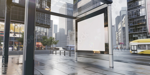 Wallpaper Mural high-quality image featuring an empty poster mockup displayed at a bus stop in a bustling modern city. Torontodigital.ca