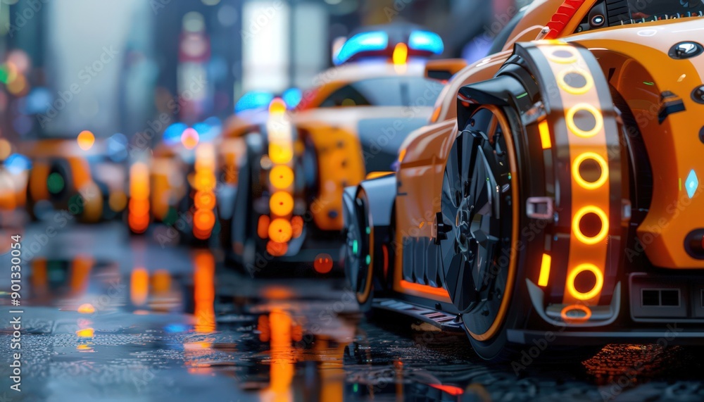 Obraz premium A close-up view of futuristic orange cars on a rainy city street, showcasing vibrant lights and sleek design.