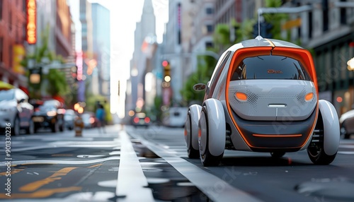 A futuristic electric car navigates a vibrant urban street, showcasing modern technology and innovation in transportation.