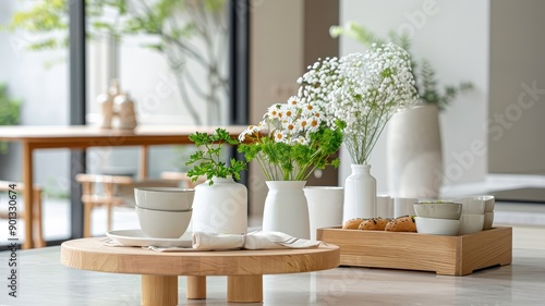 Charming kitchen setup with wooden podium and table, featuring a food product on a marble stand with clean white light. © cloud7days