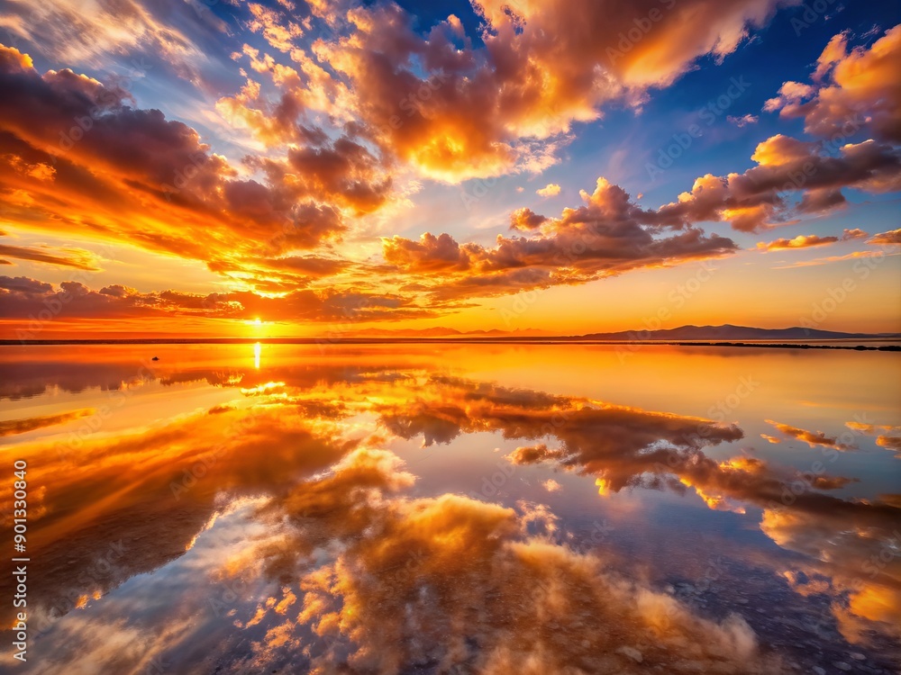 Fototapeta premium Vibrant orange hues dance across the salt flat landscape at sunset, mirrored perfectly in the calm pool of water, creating a surreal symmetrical paradise.