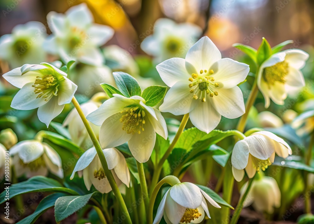 Delicate white hellebore flowers with subtle nodding bells bloom amidst lush green foliage in a serene early spring garden, exuding elegance and tranquility. Delicate white hellebore flowers with subtle nodding bells bloom amidst lush green foliage in a serene early spring garden, exuding elegance and tranquility.