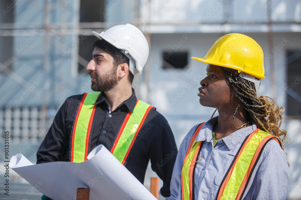 Construction civil engineer man and woman African American checking quality of work in construction site. Team of various nationalities working inspecting infrastructure building progress. Construction civil engineer man and woman African American checking quality of work in construction site. Team of various nationalities working inspecting infrastructure building progress.