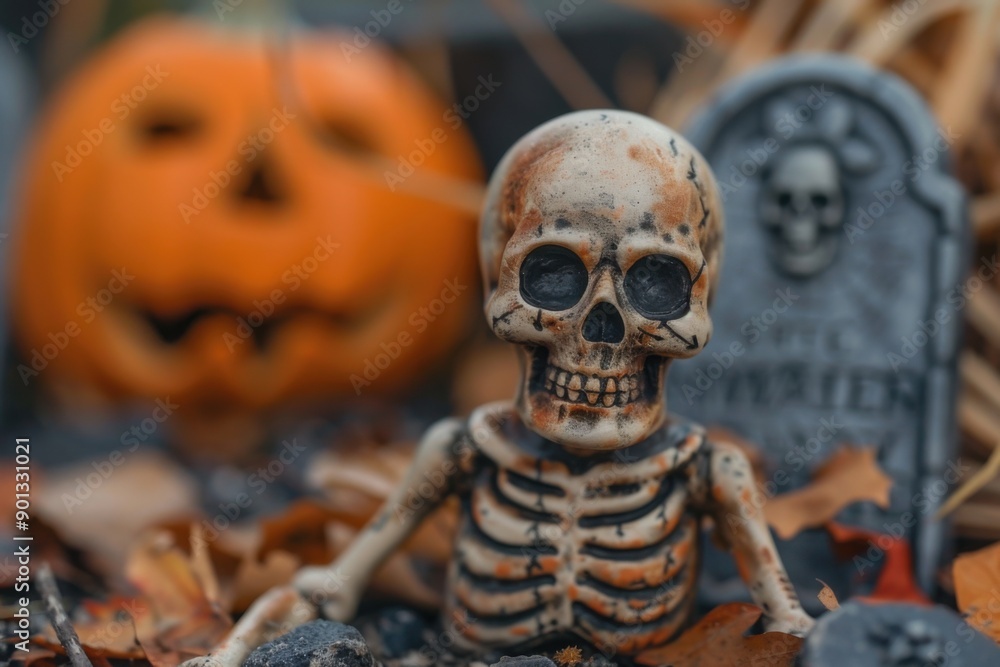 Skeleton figurine surrounded by autumn leaves, with a carved pumpkin and tombstone in the background, creating a spooky Halloween scene.
Skeleton figurine surrounded by autumn leaves, with a carved pumpkin and tombstone in the background, creating a spooky Halloween scene.
