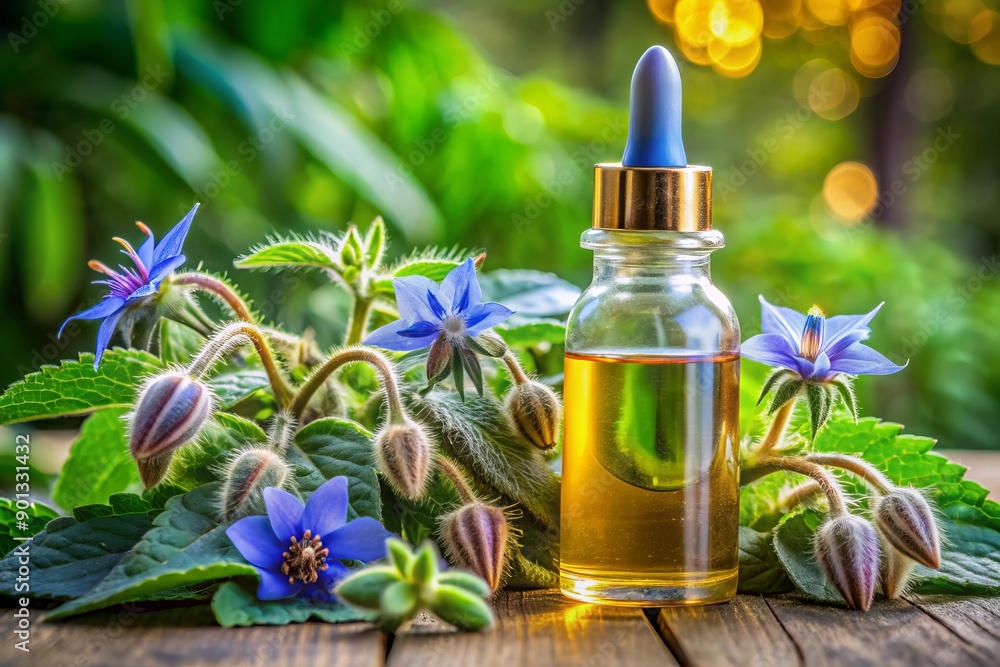 Vibrant green backdrop showcases a bottle with a pipette filled with golden borage oil, surrounded by delicate borage flowers, perfect for natural beauty remedies. Vibrant green backdrop showcases a bottle with a pipette filled with golden borage oil, surrounded by delicate borage flowers, perfect for natural beauty remedies.