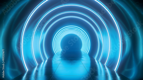 Abstract tunnel, corridor with rays of light and new highlights. Abstract blue background, neon. Scene with rays and lines, Round arch, light in motion. Generative Ai.