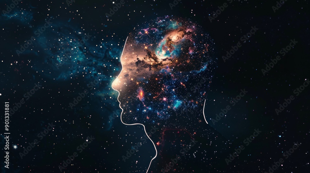 A human silhouette filled with the cosmos, with stars, galaxies, and nebulae inside the figure. A human silhouette filled with the cosmos, with stars, galaxies, and nebulae inside the figure.