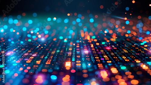 Abstract digital background with colorful binary code and bokeh lights