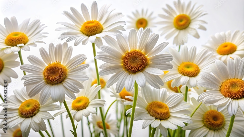 Fototapeta premium Vibrant white Shasta daisy blooms with yellow centers and delicate petals spread wide, against a crisp white background, showcasing pure simplicity and elegance.