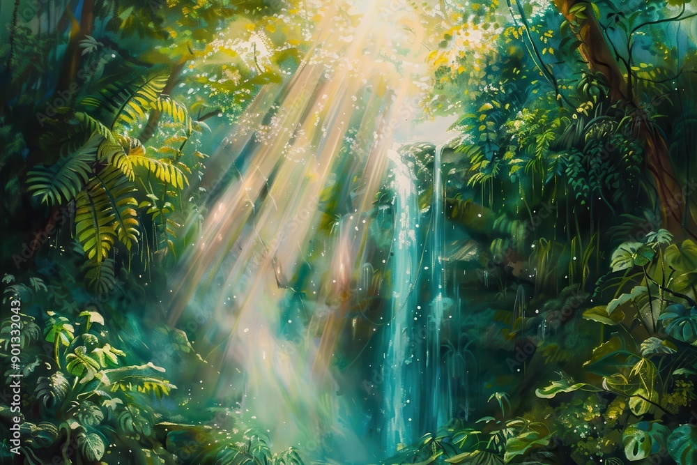 Fototapeta premium Lush Green Waterfall in Dense Tropical Rainforest with Sunlight Rays