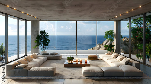 Modern Living Room with Ocean View 3D Illustration © Mrsabata