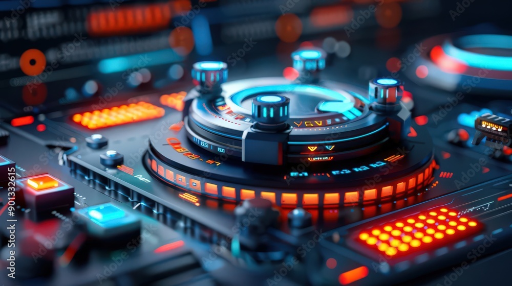 Naklejka premium Futuristic control panel featuring vibrant neon lights and intricate buttons, perfect for technology and music themes.