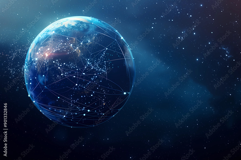 Naklejka premium Abstract digital blue earth with glowing lines and global network concept on dark background, technology world map connection for internet telecommunication information data transfer vector 