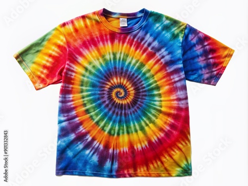 Vibrant spiral tie dye pattern adorns a relaxed fit shirt with unique swirly design elements on both front and back, isolated on a pure white background. photo