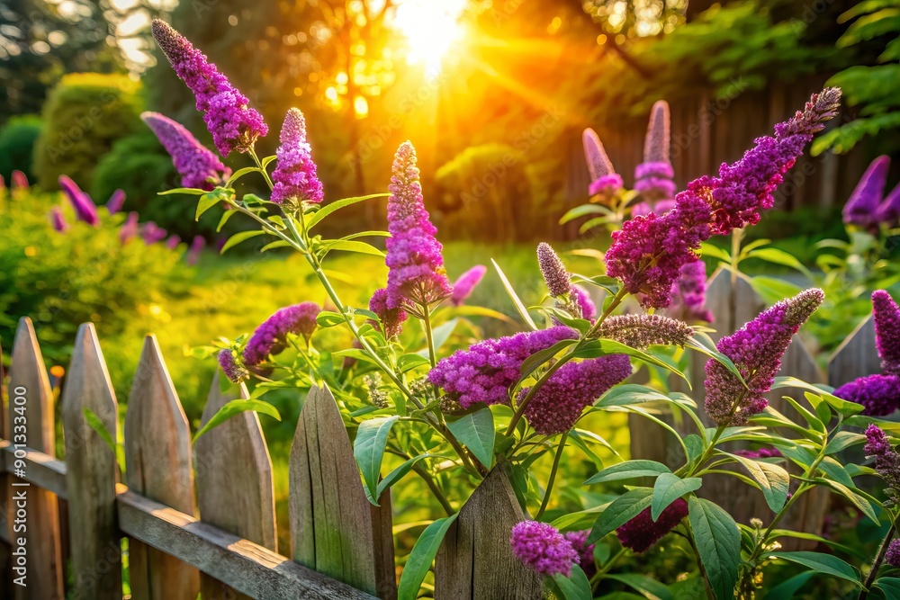 Obraz premium Vibrant purple flowers of a Butterfly Bush bloom in a lush green garden surrounded by rustic wooden fencing and warm summer sunlight.
