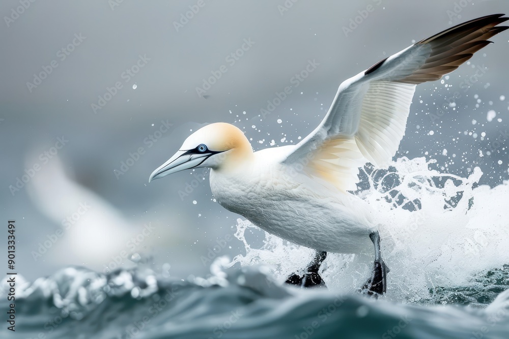 Obraz premium A majestic northern gannet diving into the ocean, with its wings folded back. 
