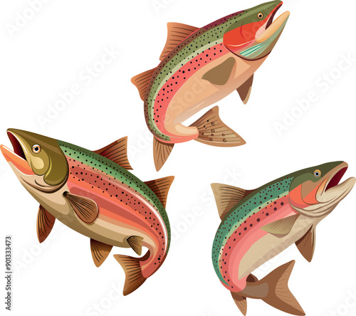 Three rainbow trouts jumping out of water