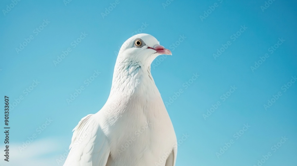 A close up of a white dove against a clear blue sky The bird stands majestically, symbolizing peace and tranquility in nature A close up of a white dove against a clear blue sky The bird stands majestically, symbolizing peace and tranquility in nature