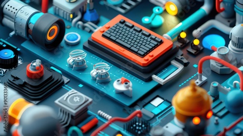 A vibrant and detailed close-up of a colorful circuit board with retro keyboard elements and various technology gadgets.