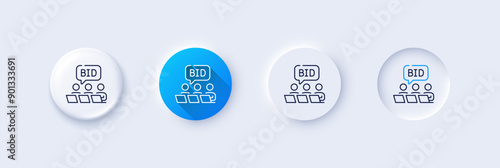 Online auction line icon. Neumorphic, Blue gradient, 3d pin buttons. Bid offer sign. Raise the price up symbol. Line icons. Neumorphic buttons with outline signs. Vector