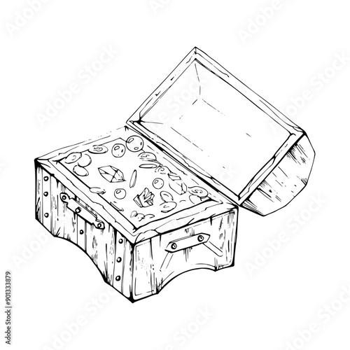 Pirate treasure chest with gold gems, Marine life, sea ocean underwater, Ink and pen sketch hand drawn. Single object illustration stylized, isolated on white. Zoo shop, aquarium, cosmetics, resort