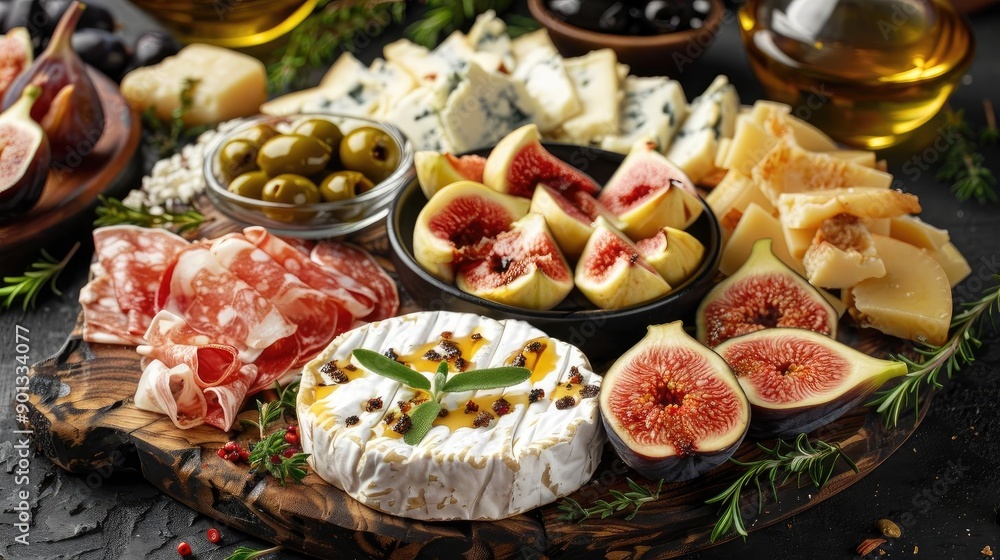 Assorted cheese platter with figs, olives, cured meats, and fresh herbs on a rustic wooden board, perfect for parties and gatherings. Assorted cheese platter with figs, olives, cured meats, and fresh herbs on a rustic wooden board, perfect for parties and gatherings.