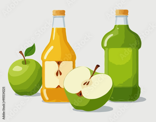 Bottle of apple juice and half of green apple, stock vector