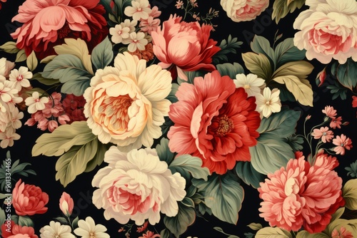 Fototapeta Naklejka Na Ścianę i Meble -  Elegant seamless floral pattern with blooming flowers and lush foliage on a dark backdrop