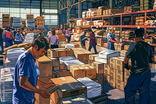 assistance at food warehouses, volunteers sorting, packing, and distributing food supplies to those in need