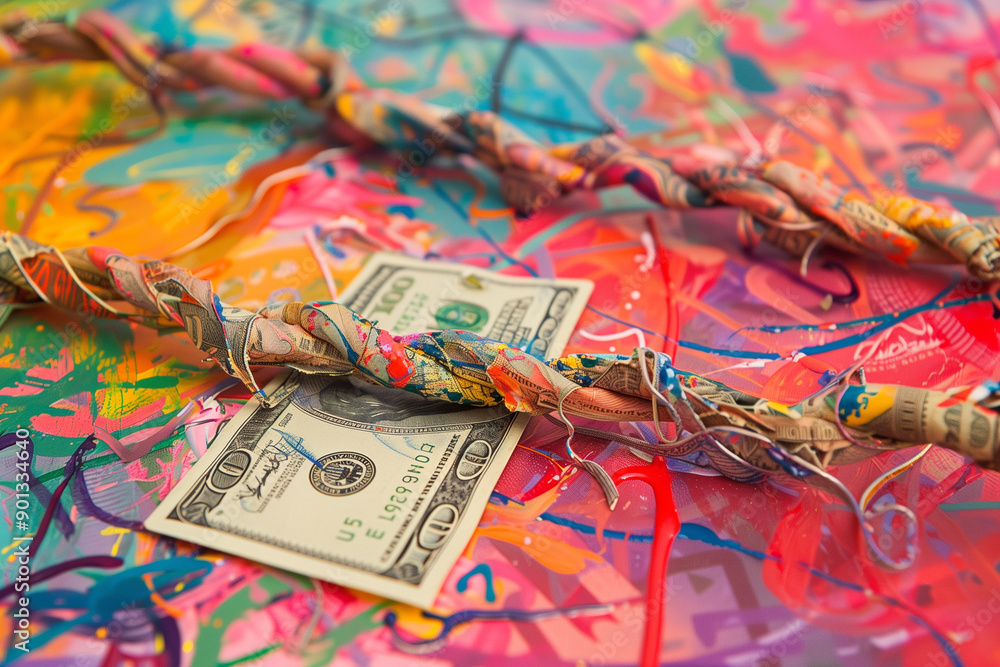 A long string of intertwined dollar bills represents the financial complexities and confusion inherent in the art form. A long string of intertwined dollar bills represents the financial complexities and confusion inherent in the art form.