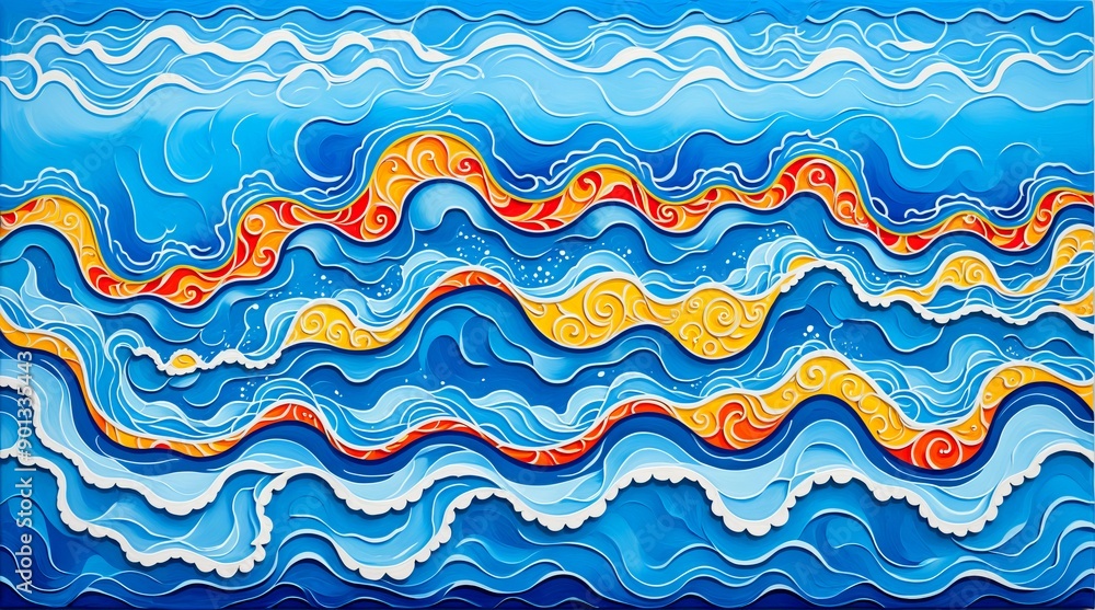 Illustration of an abstract water pattern with fluid, wavy lines and a gradient blue background. Patachitra Painting Art Style. 1 Illustration of an abstract water pattern with fluid, wavy lines and a gradient blue background. Patachitra Painting Art Style. 1
