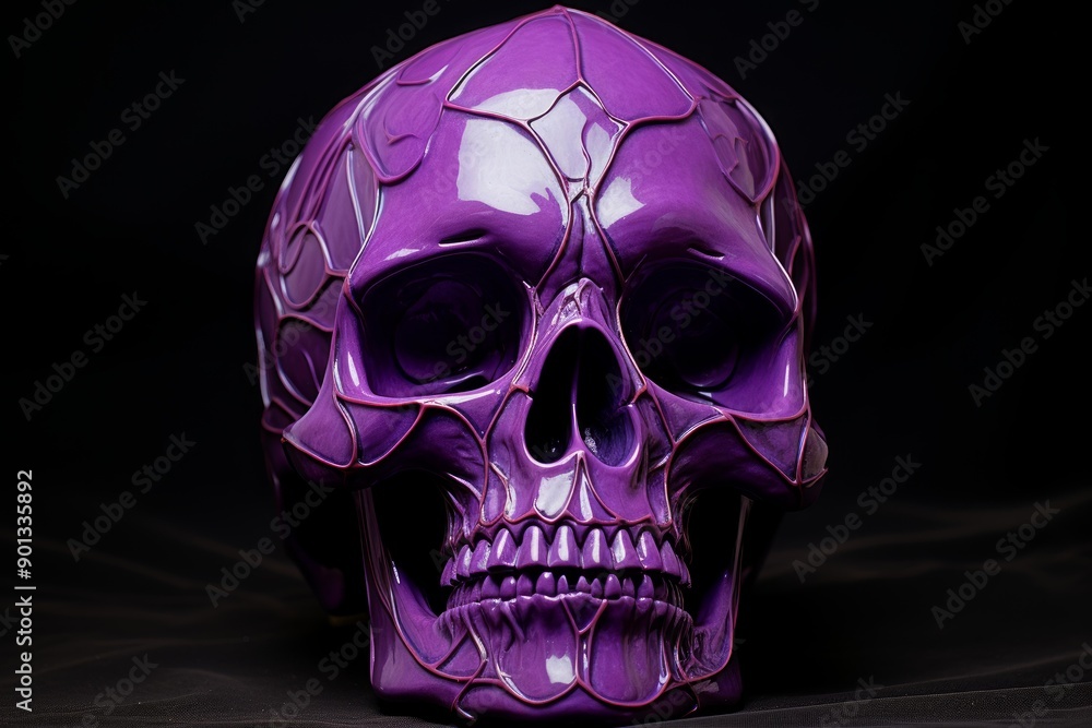 Fototapeta premium Shiny purple metallic skull sculpture isolated against a dark backdrop