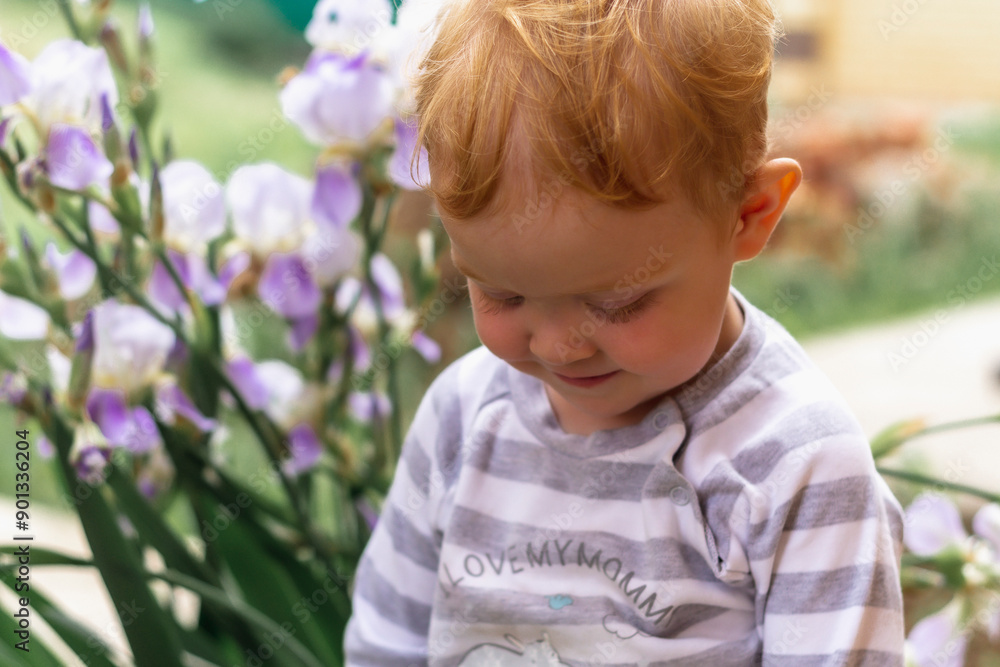 Portrait of a little red-haired boy against a background of blue irises in the garden Portrait of a little red-haired boy against a background of blue irises in the garden
