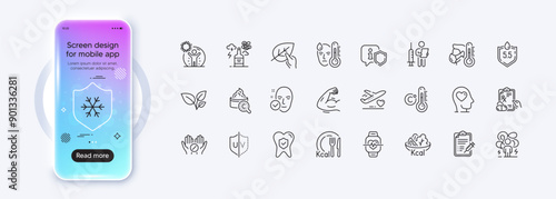 Organic tested, Strong arm and Cardio training line icons for web app. Phone mockup gradient screen. Pack of Calories, Coronavirus protection, Difficult stress pictogram icons. Vector